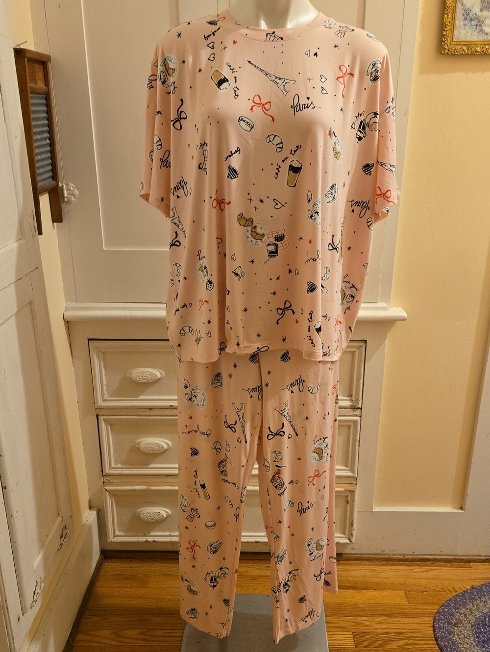 Joyspun Pink, Paris Print Knit Pajamas Sz 2X